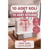 kartonya Kişiye Özel Çeyiz Kolisi Seti 52x35x28 cm – 10 Adet Beyaz BC Dalga Koli + 10 Adet İsimli Sticker