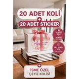 kartonya Kişiye Özel Çeyiz Kolisi Seti 52x35x28 cm – 20 Adet Beyaz BC Dalga Koli + 20 Adet İsimli Sticker
