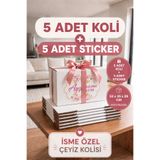 kartonya Kişiye Özel Çeyiz Kolisi Seti 52x35x28 cm | 5 Adet Beyaz BC Dalga Koli + 5 Adet İsimli Çeyiz Stickerı | Dayanıklı Taşıma Kolisi