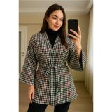 Kaşe Kazayağı Desen Kuşaklı Kimono Ceket / Kışlık Ürün