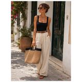Kash Atelier Positano-Ahşap Kulplu El Örgüsü Kağıt Plaj ve Günlük Çanta (Bej - Siyah)