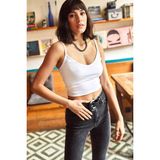 Kasheha Kadın Beyaz Askılı Likralı Örme Kaşkorse Crop Bluz - KSH00107 - Standart