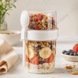 Kaşıklı 550 ml Müsli Saklama Kabı, Taşınabilir Yoğurt ve Beslenme Kabı, Pratik Atıştırmalık ve Kahvaltılık Saklama Kabı (Beyaz)