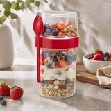 Kaşıklı 550 ml Müsli Saklama Kabı, Taşınabilir Yoğurt ve Beslenme Kabı, Pratik Atıştırmalık ve Kahvaltılık Saklama Kabı (Kırmızı)