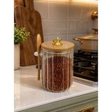 Kaşıklı Çizgili Cam Baharat Kavanozu 600 ml - Gold Halka Kulplu Bambu Kapaklı Saklama Kabı Dh 57-59 - Şeffaf - 1 Adet