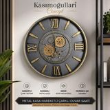 Kasımoğulları Concept Metal Kasalı Hareketli Çarklı Duvar Saati 60 cm | Sessiz Mekanizma, Roma Rakamlı, Siyah & Gold Renk, Modern Tasarım, Dişli Çark Sistemi