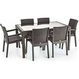 Kastamonu Plastik Rattan Masa Takimi 80x140 Camlı Masa 6 Kişilik Sandalye Seti Bahçe Balkon Teras Takımı - Kahverengi