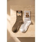 Katia & Bony Kadın Teddy Bear Desenli 2'li Soket Çorap - 39 - 42 - Haki - Beyaz