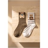 Katia & Bony Teddy Bear Desenli 2'li Soket Çorap 39-42, 39-42, 22401W3018, KHAKI-Beyaz, kadın