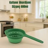 Katlanabilir Süzgeç, Saplı Akordiyon Süzgeç, Yer Kaplamaz Silikon Katlanır Süzgeç 600 ml - Yeşil