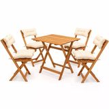 Katlanır Ahşap Balkon Bahçe Masa Sandalye Takımı Gürgen 4 Sandalyeli Minderli Bistro Set 60X80 Cm