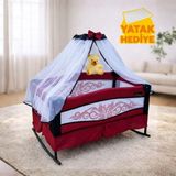 Katlanır Mini Park Beşik Sallanır Anne Yanı Bebek Beşiği 50X80 Metal Tüllü Yatak Hediyeli - Bordo