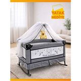 Katlanır Mini Park Beşik Sallanır Anne Yanı Bebek Beşiği 50X80 Metal Tüllü Yatak Hediyeli - Gri