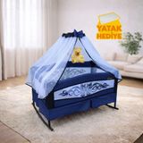 Katlanır Mini Park Beşik Sallanır Anne Yanı Bebek Beşiği 50X80 Metal Tüllü Yatak Hediyeli - Lacivert