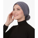 KATLI ARKASI ORGANZE GÜLLÜ KOYU GRİ HAZIR TÜRBAN TESETTÜR BONE