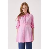 KATLİN MATERNİTY WEAR Hamile Gömlek, Pembe Poplin Pamuklu Kumaş, Yanlardan Bağcık ve Kollar Kıvrımlı Detaylı