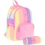 Kaukko Çizgili Pembe Çok Renkli Kız Çocuk Okul Çantası ve Kalemlik Seti (Kk - K1802+KK - K2713) - Pembe - Çok Renkli