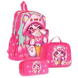 Kaukko Kids Dört Bölmeli Okul Çantası + Beslenme Çantası + Kalemlik Seti Pembe Dondurma Yiyen Kedi Desenli Kız Çocuk