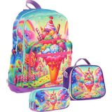 Kaukko Kids Dört Bölmeli Okul Çantası + Beslenme +Kalemlik Seti (Dondurma - Kız Çocuk - Kırmızı Mavi) - Kırmızı - Mavi