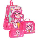 Kaukko Kids Dört Bölmeli Okul Çantası + Beslenme +Kalemlik Seti (Dondurma Yiyen Kedi - Kız Çocuk - Pembe)