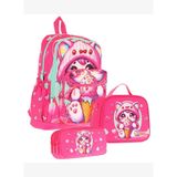 Kaukko Kids Dört Bölmeli Okul Çantası + Beslenme +Kalemlik Seti (Dondurma Yiyen Kedi - Kız - Pembe)