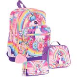 Kaukko Kids Dört Bölmeli Okul Çantası + Beslenme +Kalemlik Seti (Unicorn - Kız Çocuk - Pembe Mor) - Pembe - Mor