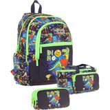 Kaukko Kids Erkek Çocuk Için Siyah Yeşil Renkli Dinazor Desenliüçlü Okul Çanta Kombinasyonu - Siyah - Yeşil