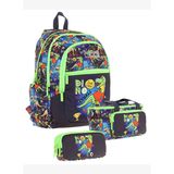 Kaukko Kids Erkek Çocuk İçin Siyah Yeşil Renkli Dinazor Desenliüçlü Okul Çanta Kombinasyonu