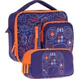 Kaukko Kids Erkek Çocuk Lacivert Turuncu Oyun Temalı Üç Bölmeli Thermo Beslenme Çantası ve Kalemlik Seti (L7281+L8281) - Lacivert - Turuncu