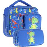 Kaukko Kids Erkek Çocuk Mavi Yeşil Dinazor Baskılı Üç Bölmeli Thermo Beslenme Çantası ve Kalemlik Seti (L7262+L8262)