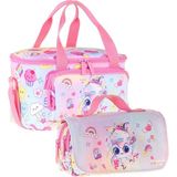 Kaukko Kids Kız Çocuk Dondurma Desenli Pembe Thermo Beslenme Çantası ve Kalemlik Seti - SETKK-L5284 - Pembe - Turkuaz - 1 Adet