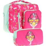 Kaukko Kids Kız Çocuk Kırmızı Yeşil Flamingo Desenli Üç Bölmeli Thermo Beslenme Çantası Ve Kalemlik Seti (L7235+L8235)