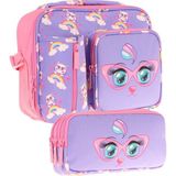 Kaukko Kids Kız Çocuk Lila Pembe Kedi Baskılı Üç Bölmeli Thermo Beslenme Çantası ve Kalemlik Seti (L7236+L8236) - Mor - Açık Pembe