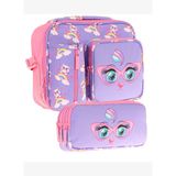 Kaukko Kids Kız Çocuk Lila Pembe Kedi Baskılı Üç Bölmeli Thermo Beslenme Çantası ve Kalemlik Seti (L