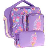 Kaukko Kids Kız Çocuk Lila Pembe Unicorn Desenli Üç Bölmeli Thermo Beslenme Çantası ve Kalemlik Seti (L7224+L8224) - Mor - Sarı