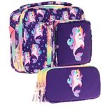 Kaukko Kids Kız Çocuk Mor Çok Renkli Unicorn Ve Denizkızı Üç Bölmeli Thermo Beslenme Çantası Ve Kalemlik Seti (L7228+L8228)
