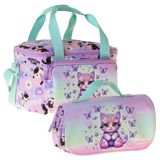 Kaukko Kids Kız Çocuk Mor Kedi Desenli Yeşil - Mor Thermo Beslenme Çantası ve Kalemlik Seti - SETKK-L5289