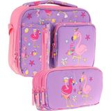 Kaukko Kids Kız Çocuk Mor Pembe Flamingo Baskılı Üç Bölmeli Thermo Beslenme Çantası ve Kalemlik Seti (L7240+L8240) - Lila - Pembe