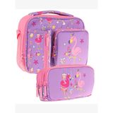 Kaukko Kids Kız Çocuk Mor Pembe Flamingo Baskılı Üç Bölmeli Thermo Beslenme Çantası ve Kalemlik Seti