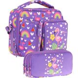 Kaukko Kids Kız Çocuk Pembe Mor Flamingo Üç Bölmeli Thermo Beslenme Çantası ve Kalemlik Seti (L7226+L8226) - Mor - Yeşil