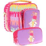 Kaukko Kids Kız Çocuk Sarı Mor Dondurma Baskılı Üç Bölmeli Thermo Beslenme Çantası ve Kalemlik Seti (L7247+L8247) - Sarı - Mor