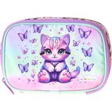 Kaukko Kids Mor Kedi Desenli Yeşil - Mor Kız Çocuk Organizer Kalem Çantası - Kalemlik - L5294
