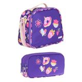 Kaukko Kids Mor Pembe Kalp Desenli Kız Çocuk Beslenme Çantası+Kalemlik Okul Seti - Stkk-L7216-1