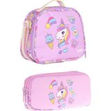 Kaukko Kids Pembe Sarı Unicorn Desenli Kız Çocuk Beslenme Çantası ve Kalemlik Seti - STKK-L7215-1 - Pembe - Sarı