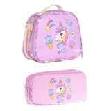 Kaukko Kids Pembe Sarı Unicorn Desenli Kız Çocuk Beslenme Çantası Ve Kalemlik Seti - Stkk-L7215-1