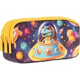 Kaukko Kids Sarı Siyah, Astronot Dinazor, Erkek Çocuk Üç Bölmeli Kalemlik/kalem Çantası - L8273 - Sarı - Siyah