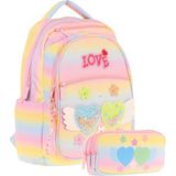 Kaukko Kids Simli Kalp ve Çiçek Detaylı Kız Çocuk Okul Çantası ve Üç Gözlü Kalem Çantası Seti (L5213+L8213) - Sarı - Pembe