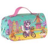 Kaukko Kids Taşıma Askılı Kız Çocuk Bisikletli Kedi Baskılı Şık Kalem Çantası (Yeşil - Pembe) - L5330