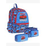 Kaukko Kids Üçlü Erkek Çocuk İlkokul Okul Çantası Seti (L5268+L7268+L8268) Mavi Kırmızı - Yarış Arab