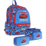 Kaukko Kids Üçlü Erkek Çocuk Ilkokul Okul Çantası Seti (L5268+L7268+L8268) Mavi Kırmızı - Yarış Arabası Desenli - Mavi - Kırmızı
